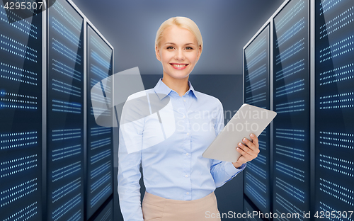 Image of businesswoman with tablet pc over server room