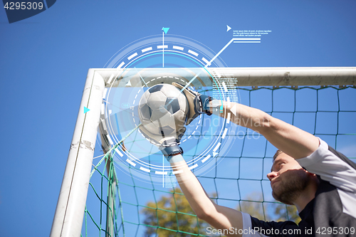 Image of goalkeeper with ball at football goal on field