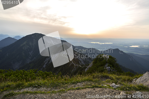 Image of View from mountain Herzogstand to Heimgarten at sunset, Bavaria,