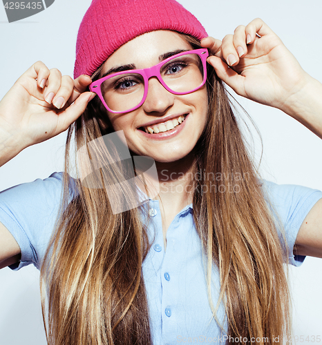 Image of young pretty blond teenage girl emotional posing, happy smiling isolated on white background, lifestyle people concept