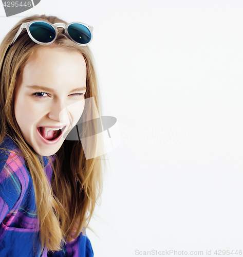 Image of young pretty blond teenage girl emotional posing, happy smiling isolated on white background, lifestyle people concept