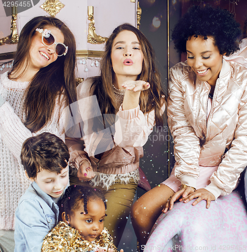 Image of Lifestyle and people concept: young pretty diversity nations woman with different age children celebrating on birth day party together happy smiling, making selfie. African-american, asian and caucasi