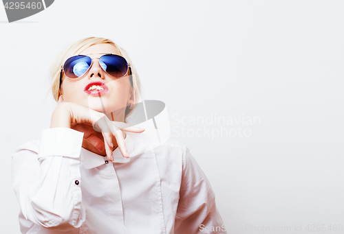 Image of young pretty blond teenage girl emotional posing, happy smiling isolated on white background, lifestyle people concept