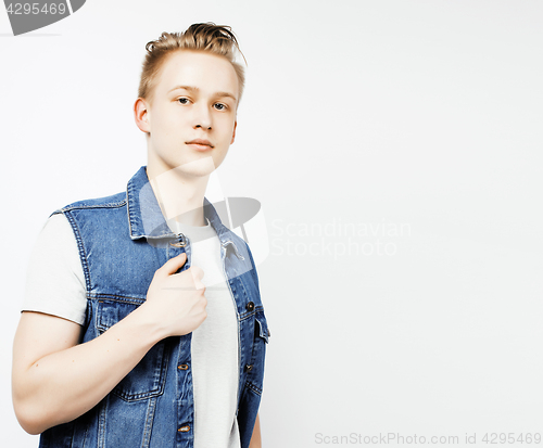 Image of young handsome teenage hipster guy posing emotional, happy smiling against white background isolated, lifestyle people concept 