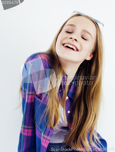 Image of young pretty blond teenage girl emotional posing, happy smiling isolated on white background, lifestyle people concept