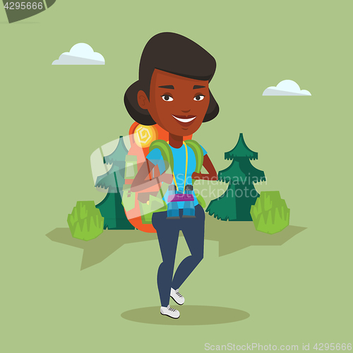 Image of Woman with backpack hiking vector illustration.