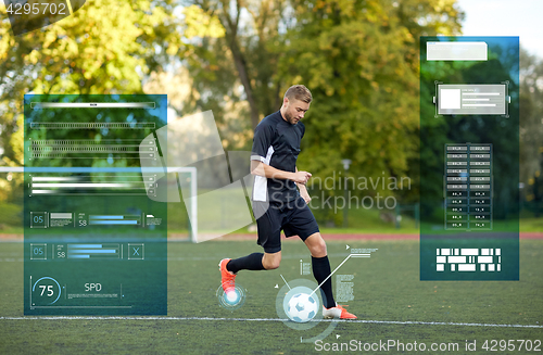 Image of soccer player playing with ball on football field