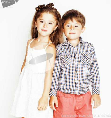 Image of little cute boy and girl hugging playing on white background, happy smiling family, lifestyle people concept 