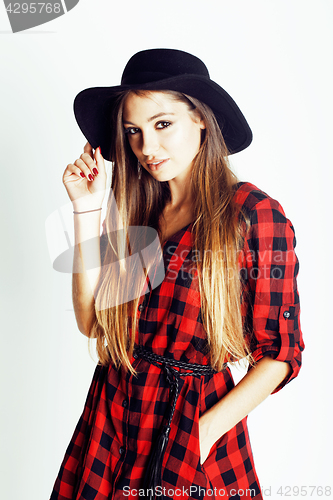 Image of young pretty brunette girl hipster in hat on white background casual close up dreaming smiling. real american modern woman, lifestyle real people concept