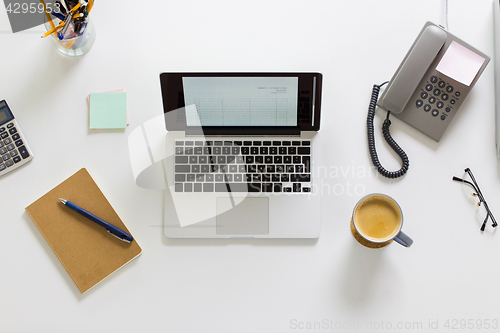 Image of laptop, phone and other office stuff on table