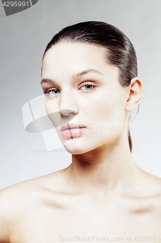 Image of young sweet brunette woman close up isolated on white background, perfect pure innocense freshness face, spa healthcare people concept