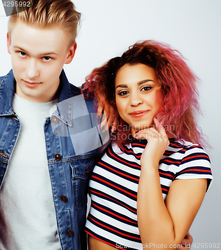 Image of best friends teenage girl and boy together having fun, posing emotional on white background, couple happy smiling, lifestyle people concept, blond and brunette multi nations