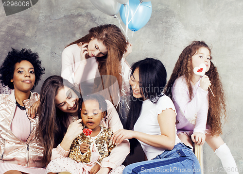 Image of Lifestyle and people concept: young pretty diversity nations woman with different age children celebrating on birth day party together happy smiling, making selfie. African-american, asian and caucasi