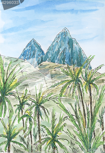 Image of Caribbean (Leeward Antilles) landscape with two mountain peaks