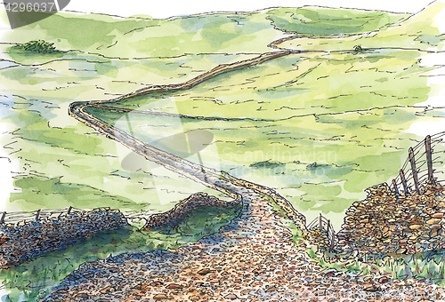 Image of English hilly meadows and stony road