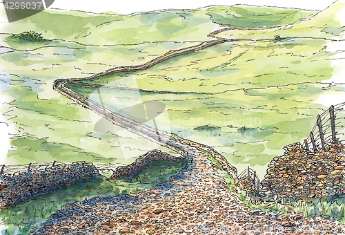 Image of English hilly meadows and stony road