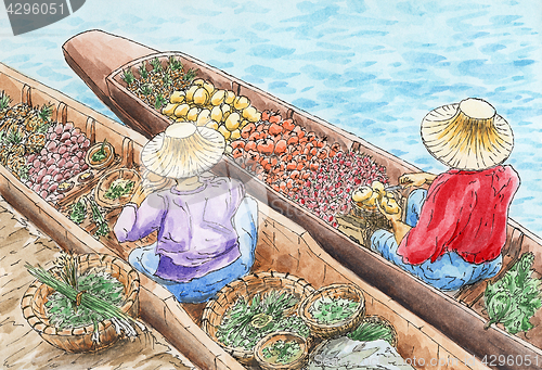 Image of Thai traditional floating market. Two persons selling fruit and 