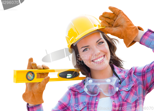 Image of Female Construction Worker with Level Wearing Gloves, Hard Hat a