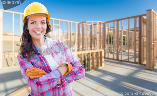 Image of Young Attractive Female Construction Worker Wearing Gloves, Hard