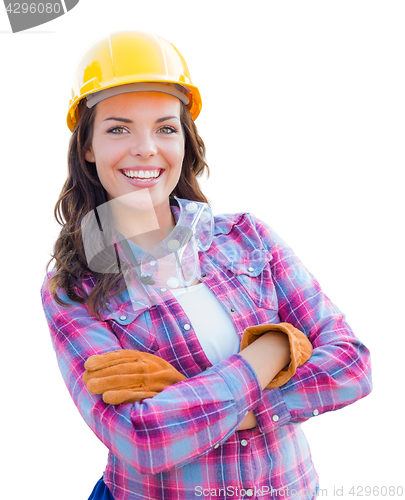 Image of Female Construction Worker Wearing Gloves, Hard Hat and Protecti