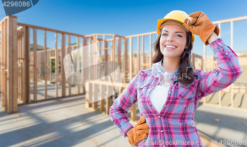 Image of Young Attractive Female Construction Worker Wearing Gloves, Hard