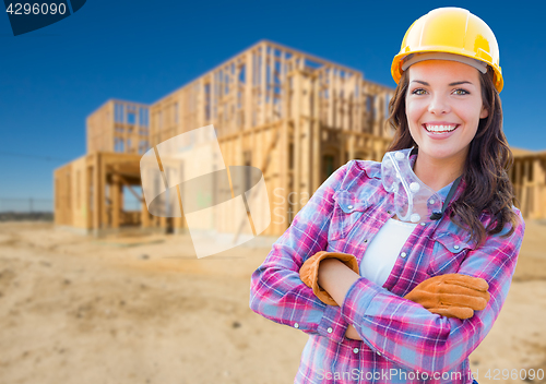 Image of Young Attractive Female Construction Worker Wearing Gloves, Hard