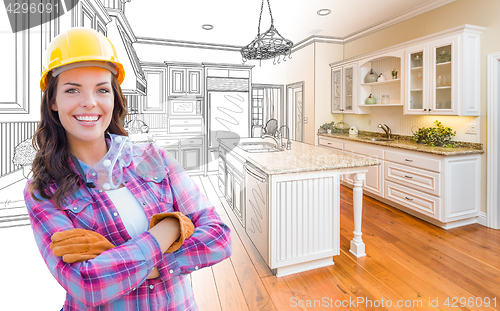 Image of Female Construction Worker In Front of Custom Kitchen Drawing Gr