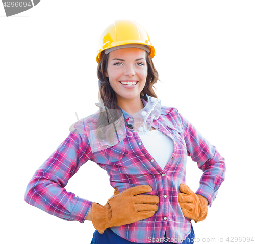 Image of Female Construction Worker Wearing Gloves, Hard Hat and Protecti