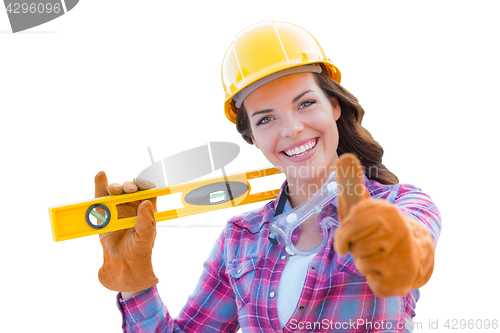 Image of Female Construction Worker with Thumbs Up Holding Level Wearing 