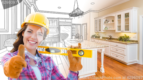 Image of Female Construction Worker In Front of Custom Kitchen Drawing Gr