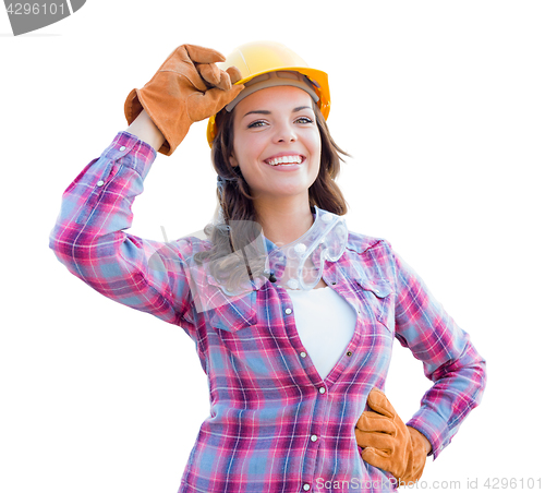 Image of Female Construction Worker Wearing Gloves, Hard Hat and Protecti