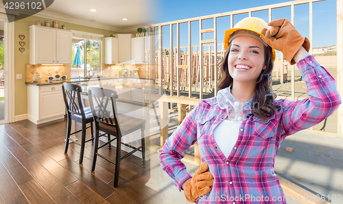 Image of Female Construction Worker In Front of House Framing Gradating t
