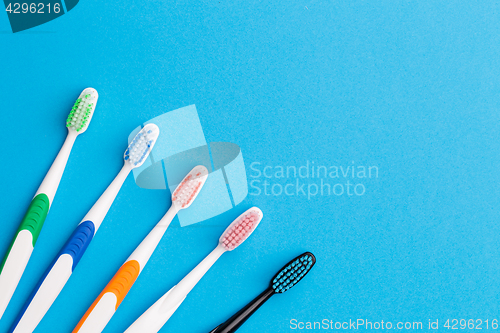 Image of Five toothbrushes , space for text