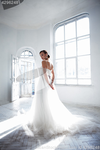 Image of Beautiful bride in wedding dress, white background
