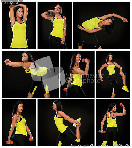Image of The woman training against black studio with red dumbbells