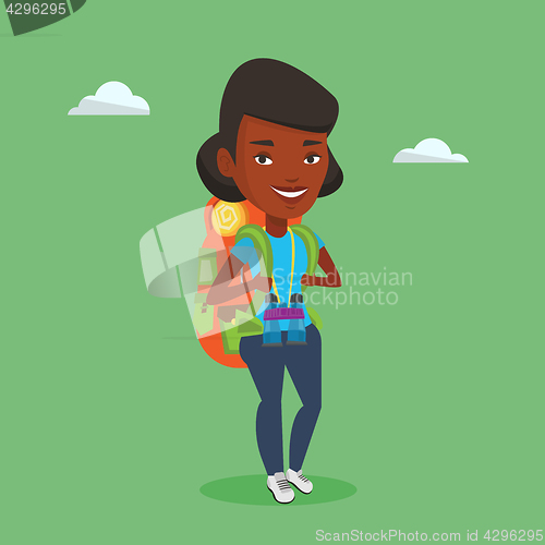 Image of Cheerful traveler with backpack.