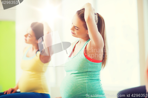 Image of happy pregnant women exercising in gym