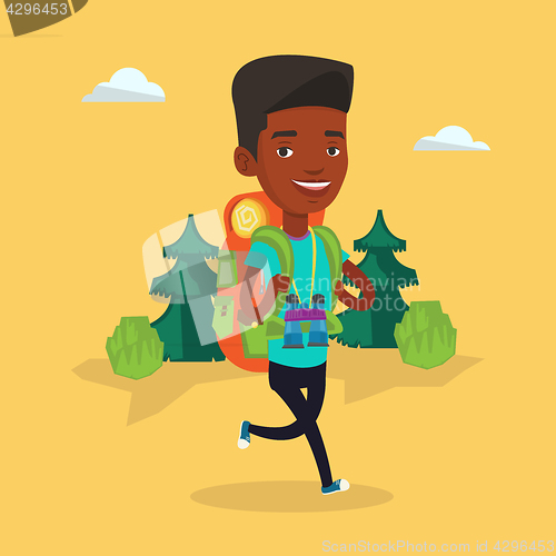 Image of Man with backpack hiking vector illustration.