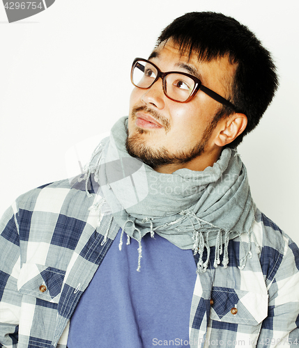 Image of young handsome asian man hipster in glasses on white background,