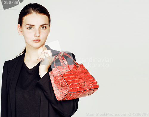Image of young pretty cool fashion business lady wearing black suit and o