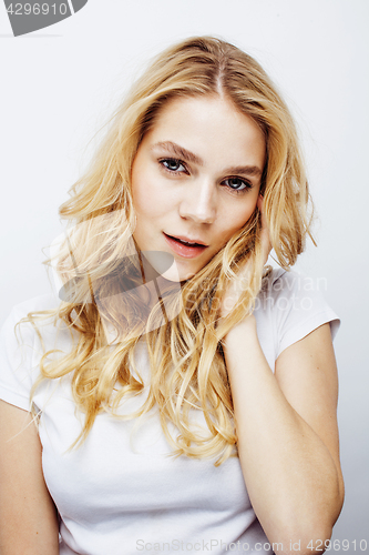 Image of young pretty blond teenage girl emotional posing, happy smiling isolated on white background, lifestyle people concept