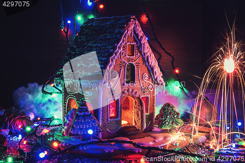 Image of Gingerbread house with lights