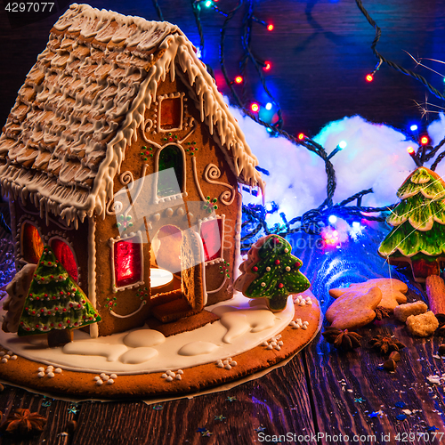 Image of Gingerbread house with lights