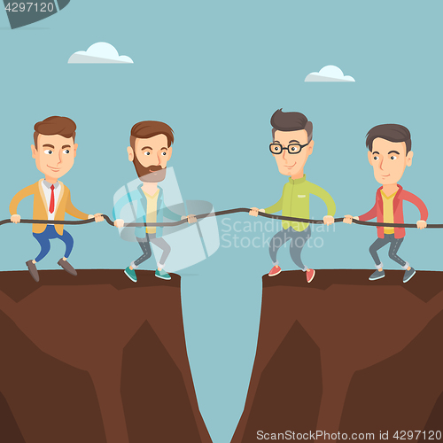 Image of Two groups of business people pulling rope.