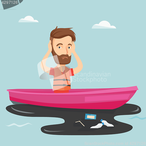 Image of Man floating in a boat in polluted water.