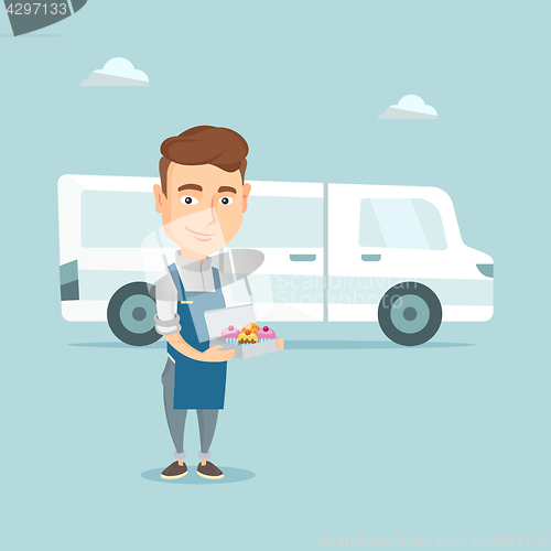 Image of Baker delivering cakes vector illustration.