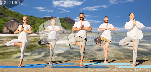 Image of people making yoga in tree pose on mats outdoors