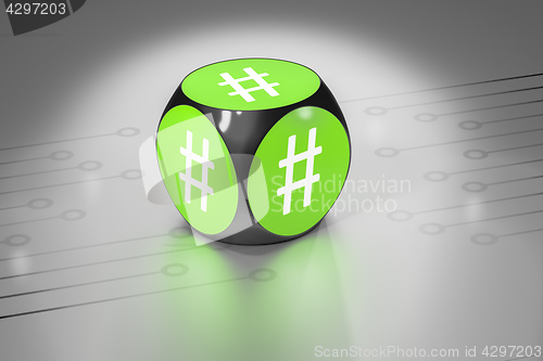 Image of green cube with signs for hashtag