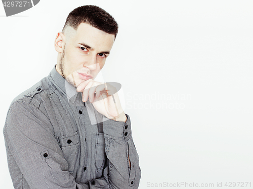 Image of young handsome teenage hipster guy posing emotional, happy smiling against white background isolated, lifestyle people concept 