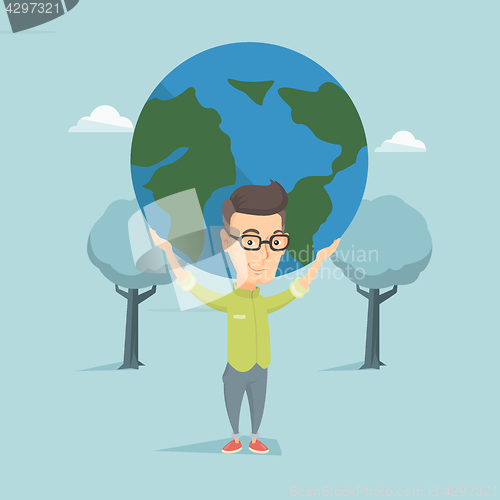 Image of Business man holding globe vector illustration.